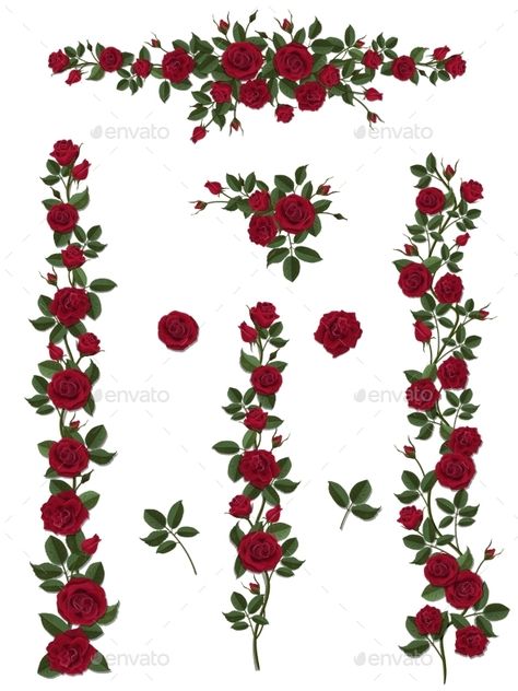 Set Brushes Flowers Climbing Red Roses Red Rose Png, Red Roses Background, Climbing Art, Flower With Leaves, Fence Wall, Flower Braids, Rosé Png, Red Vines, Brush Art