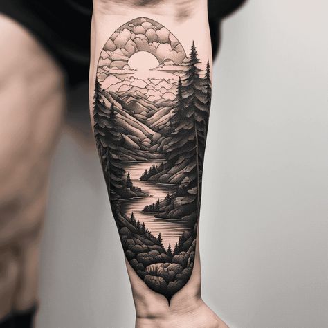 Nature Tattoo Ideas Created With AI Rivers And Roads Tattoo, River Tattoo For Women, River Tattoo Ideas, Reflection Tattoo, Ocean Wave Tattoo, Tree Silhouette Tattoo, Journey Tattoo, Pine Tattoo, Nature Tattoo Ideas