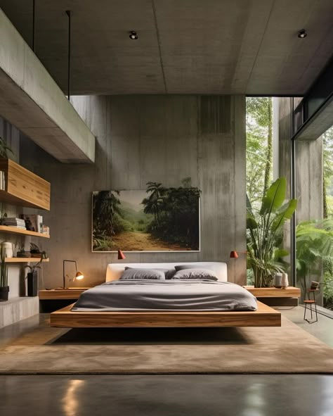 Concrete House Architect: @miladeshtiyaghi Would you live here? | Instagram Concrete Houses Interior, Habitat Projects, Concrete Bedroom, Cement House, Black Bedroom Design, Concrete Interiors, Tropical Bedrooms, Concrete Houses, House Arch Design