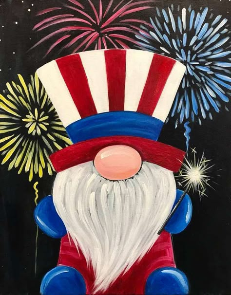 Gnome Paintings, Gnome Paint, Paint Night Ideas, Paint Tutorials, Gnome Pictures, Patriotic Art, Flag Painting, Holiday Painting, Canvas Painting Diy