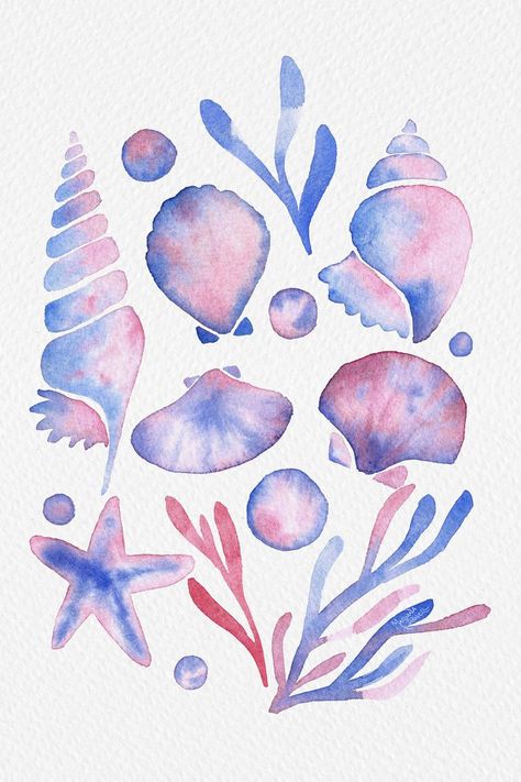 Blue Watercolor Aesthetic, Purple Sea Shell, Purple Seashell, Seashell Poster, Watercolour Seashell, Blue And Pink Posters Aesthetic, Watercolour Starfish, Purple Sea, Purple Beach Aesthetic