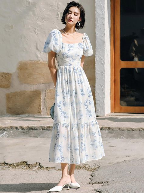 Formal Dress Puffy Sleeves, Floral Dress Puffy Sleeves, Casual Long Dress Outfit Summer, Cute Puffy Dresses, ဂါဝန် Pattern, Vestidos Cottagecore, Puffy Long Dress, Bday Dresses For Women, Puff Long Dress