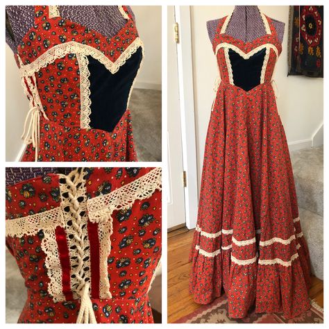 91441. Red calico blue velvet corset waist Gunne Sax maxi sundress 1970s Blue Velvet Corset, Gunne Sax Sundress, Vintage Gunne Sax Dress 1970s, 1970's Gunne Sax Dresses, Red Gunne Sax Dress, Yellow Gunne Sax Dress, Vintage Gunne Sax Dress, 70s Prairie Dress, Vintage Prairie Dress