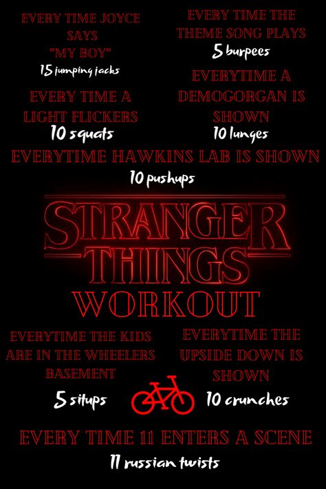 Stranger Things Workout, Tv Workout Challenge, Netflix Workout, Disney Workout, Tv Show Workouts, Movie Workouts, Tv Workouts, Stranger Things Quote, Summer Body Workouts