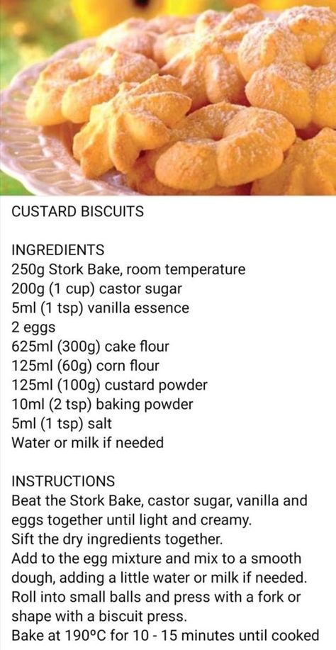 South African Biscuits Recipes, Vla Koekies Resep, South African Cookies, Custard Biscuits, 100 Cookies Recipe, South African Desserts, Butter Cookie Recipe Easy, Custard Cookies, Cooking Cookies