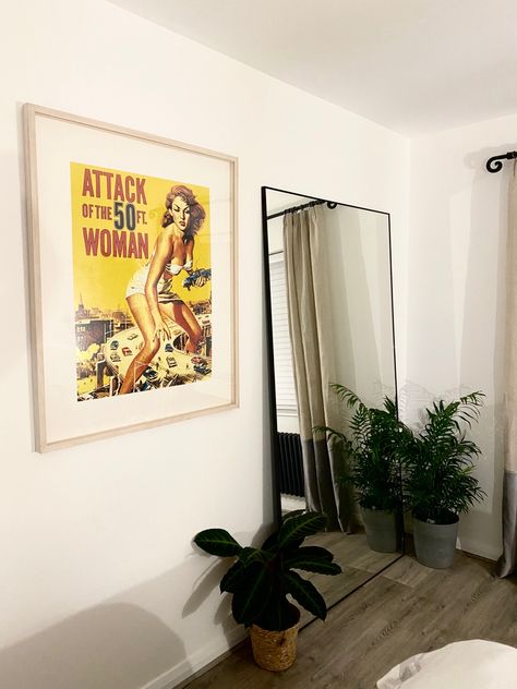 Big mirror, live plants and a big framed poster Mirror With Pictures On It, Posters Around Mirror, Mirror With Pictures, Leaning Mirror, Big Mirror, Home Upgrades, Framed Poster, Floor Mirror, Bedroom Inspo