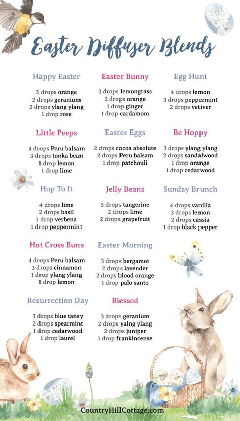 graphic showing 13 diffuser recipes Easter Diffuser Blends, Candle Scents Recipes, Celebrate Everything, Fragrance Oil Blends, Easter Essentials, Aromatherapy Recipes, Essential Oil Diffuser Blends Recipes, Spring Scents, Oil Diffuser Recipes