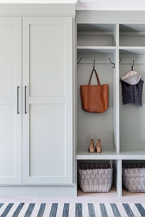 Green Mudroom, Coat Closet Storage, Hallway Storage Cabinet, Closet Small Bedroom, Hallway Closet, Mudroom Organization, Closet Built Ins, Mudroom Entryway, Laundry Room Doors