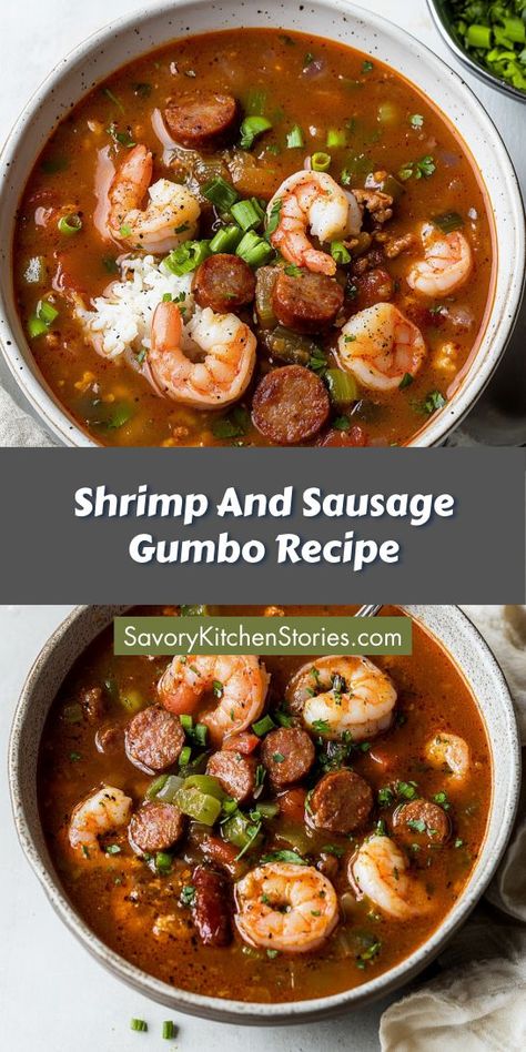 Looking for a comforting dish that’s bursting with flavor? Our Shrimp and Sausage Gumbo is the perfect blend of seafood and spices, ideal for any seafood dinner idea! Save this recipe for a delicious meal that will impress your family and friends tonight! Sausage Gumbo Soup, Shrimp And Sausage Gumbo Recipe, Shrimp Gumbo Recipe, Sausage Gumbo Recipe, Shrimp And Sausage Gumbo, Chicken Sausage Gumbo, Seafood Dinner Ideas, Shrimp And Chicken, Seafood Gumbo Recipe