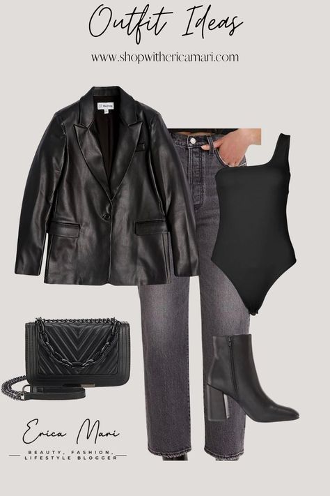 Black Jeans Outfit Night Out, Black Leather Blazer Outfit Women, Boots Night Out Outfit, Black Jeans Outfit Night, Leather Blazer Outfit Classy, Blazer All Black Outfit, All Black Outfit Fall, Black Outfit Fall, Black Leather Blazer Outfit