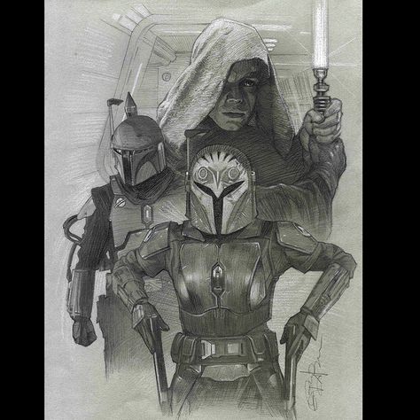 565 Likes, 20 Comments - Greg Bain (@gregbain) on Instagram: ““The Jedi, The Hunter & The Heiress”- 8x11” Pencils on Paper. Thank you @justintimeforcomics for…” Star Wars Art Drawings, Bo Katan, Star Wars Painting, Star Wars Vehicles, Star Wars Drawings, Star Wars Tattoo, Star Wars Women, Star Wars Wallpaper, Star Wars Artwork