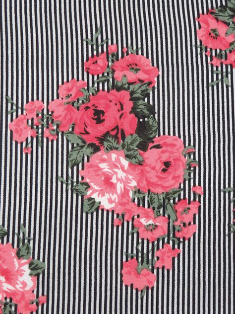 Candy Pink/Laurel Green/Black/White/Multi 100% Polyester Rose Flowers Over Stripes Crepe Blouse Weight Woven 58W, 4 yds., No Stretch, Machine Wash Stripes And Flowers Outfit, Candy Stripe Peony, Pink Stripe Top With Appliqué, Striped Roses, Vintage Floral Stripe Fabric, Laurel Green, Crepe Blouse, Candy Pink, Rose Flowers