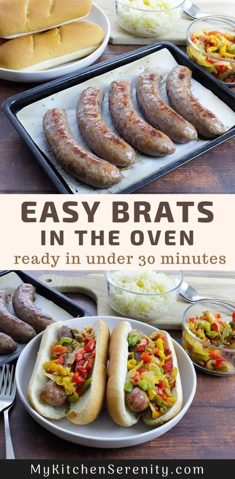 Bratwurst In The Oven, Sausage With Sauerkraut, Brats In The Oven, Bratwurst Oven, Baked Bratwurst, How To Cook Bratwurst, Pepper And Onions, How To Cook Brats, Brats Recipes