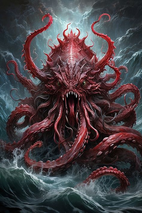 Lovecraft Aesthetic, Eldridge Horror, Sea Demon, Octopus Creature Concept Art, Dnd Octopus Monster, Octopus Monster, Octopus Monster Art, Cthulhu Tattoo, Ocean Creatures Art