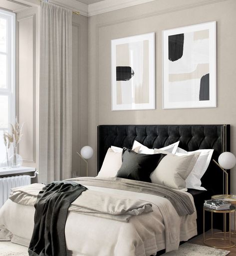 Beige And Black Bedroom, Black Headboard Bedroom, Beige Walls Bedroom, Black And White Bedroom, Monochrome Bedroom, Black Bedroom Decor, Black Headboard, Beige Bedroom, A3 Prints