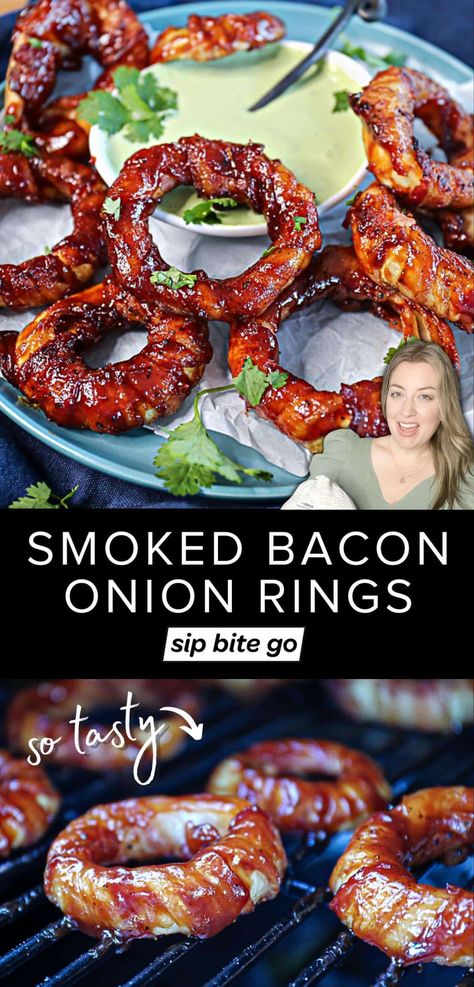 Traeger smoked bacon wrapped onion rings Smoker Appetizer, Bacon Wrapped Onion Rings, Smoker Cooking Recipes, Bacon Wrapped Onion, Pellet Smoker Recipes, Traeger Grill Recipes, Traeger Recipes, Pellet Grill Recipes, The Best Game