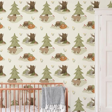 Spruce Wallpaper By Anna Lunak – Project Nursery Nursery Wallpaper Boy, Toddler Comforter, Forest Animal Nursery, Woodland Wallpaper, Doll House Wallpaper, Glider Rocker, Kitchen Backsplashes, Bedroom Walls, Woodland Friends