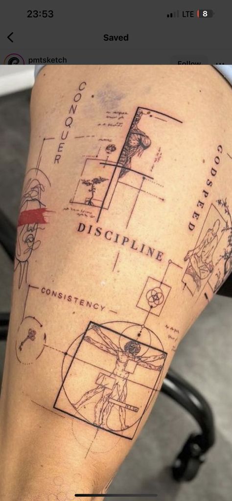 Concept Leg Tattoo, Stoicism Tattoo Sleeve, Concept Tattoo Sleeve, Concept Tattoos Men, Stoicism Tattoo Ideas, Fineline Tattoo Sleeve, Fine Line Tattoo Men, Stoicism Tattoo, Geo Tattoo