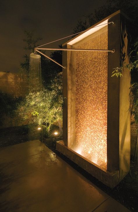 outdoor shower...  WOW. Indoor Water Features, Luxury Landscaping, Outdoor Showers, Shower Lighting, Waterfall Shower, Outdoor Garden Lighting, Outdoor Bathrooms, Water Walls, Backyard Projects