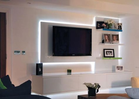 illuminated tv backboard Tv Cupboard Design, Bedroom Tv Unit Design, Bedroom Wall Units, Tv Cupboard, Tv Unit Design Modern, Simple Tv, Tv Unit Decor, Pop Tv, Modern Tv Wall Units