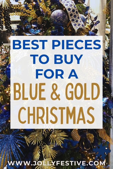 Discover the ultimate holiday décor secret with our gold and blue Christmas ideas! We've gathered the best inspiration for a festive and elegant Christmas atmosphere in your home. Learn how to mix and match textures, colours, and patterns to create a breath-taking ambiance that will leave your guests in awe. Follow our expert advice and make your Christmas truly special this year! Blue And Gold Xmas Decor, Blue Gold And Green Christmas Tree, Navy And Gold Christmas Tree Decorations, Blue Copper Christmas Tree, Dark Blue And Gold Christmas Decor, Blue And Gold Ribbon Christmas Tree, Navy Gold Christmas Decor, Royal Blue And Gold Christmas Decor, Red Blue Green Gold Christmas Tree Ideas