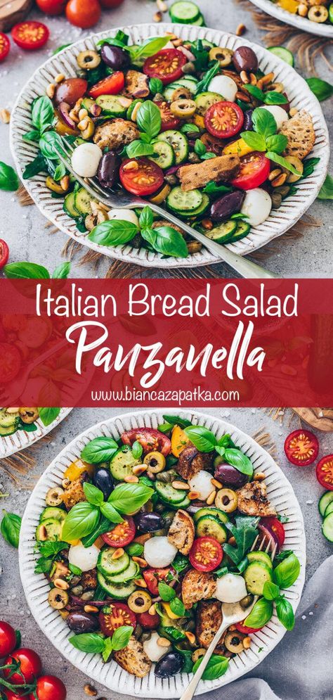 Italian Panzanella Salad Recipes, Italian Bread Salad Recipe, Italian Lunch Menu Ideas, Italian Summer Salad Recipes, Italian Summer Recipes, Vegan Mediterranean Salad, Italian Side Salad, Bread Salad Panzanella, Tuscany Dinner