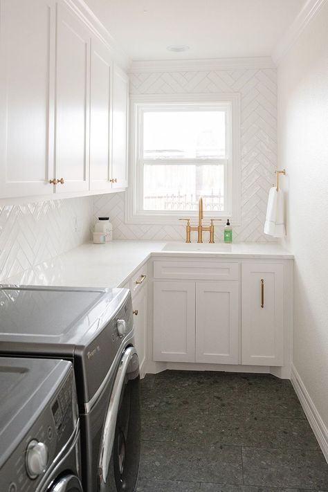 Laundry room inspiration | White herringbone subway tile, gold hardware Laundry Backsplash, Herringbone Subway Tile, White Herringbone Tile, White Herringbone, Laundry Room Remodel, Laundry Room Inspiration, Floor Remodel, Herringbone Tile, Subway Tile