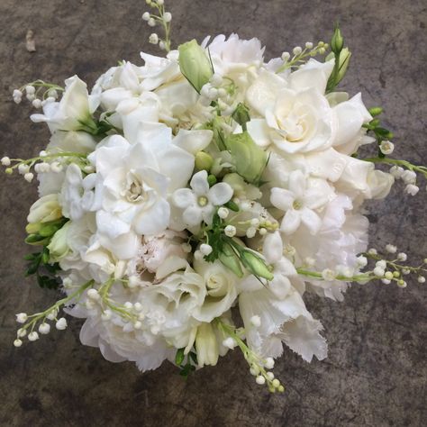 Gardenia, lily of the valley, stephanotis, garden rose, lisianthus all white bridal bouquet – Bluegrass Chic Stephanotis Wedding Bouquet, Gardenia Bridal Bouquet, Stephanotis Bouquet, Lily Of The Valley Wedding Bouquet, Gardenia Bouquet, Gardenia Wedding, Lily Of The Valley Bouquet, Garden Rose Bouquet, Micro Weddings