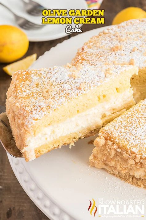 Olive Garden Italian Lemon Cream Cake Copycat Recipe - The Slow Roasted Italian Lemon Mascarpone Cake, Brownie Lasagna, Garden Lasagna, Meatballs Parmesan, Lemon Creme Cake, Garden Italian, Italian Cream Cake Recipe, Lemon Mascarpone, Lemon Cream Cake