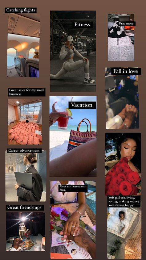 A vision board; includes various  photos of visions a lady would want to manifest in 2023 Soft Girl Era Vision Board, Manifesting Soft Life, Romancing My Life, Soft Girl Era Tips, Soft Girl Vision Board, Things To Manifest Ideas, Soft Life Affirmations, Luxury Black Women Lifestyle, Soft Life Quotes