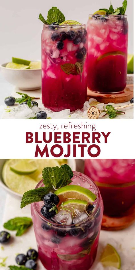 This simple blueberry mojito is a fresh and fruity take on the classic mojito recipe and will be one of your new favorite cocktails. The homemade blueberry ginger simple syrup, mint, fresh lime juice, and ginger create a zesty, vibrant, refreshing cocktail. Fresh Summer Cocktails, Blueberry Mojito Recipe, Blueberry Mojito, Drinks Table, Mojito Cocktail, Refreshing Cocktail, Mojito Recipe, Cocktail Drink, Rum Drinks