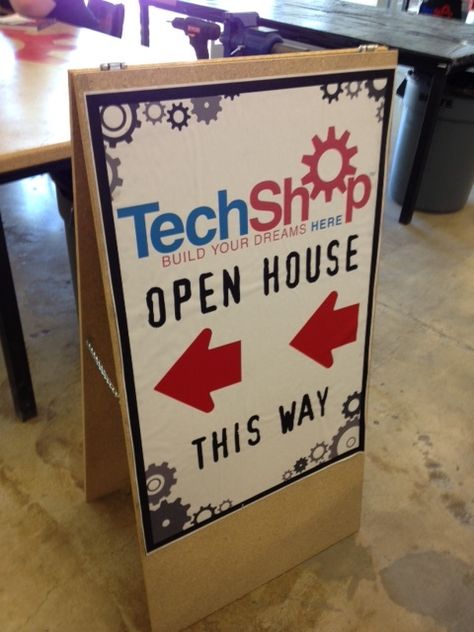 We recently had our open house at TechShop in San Jose. To help direct traffic and pedestrians, we created these signs. We wanted something that was sturdy, and  was relatively cheap so we would have to worry to much if the sign "walked away." Here is a quick instructable on how to make an easy sign just like ours! Build A Sandwich, Estate Signage, Diy Sandwich, Bazar Ideas, Sandwich Sign, Beauty And The Beast Diy, Sandwich Board Signs, Sandwich Boards, Yard Sale Signs