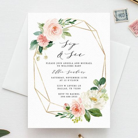 Editable Sip & See Invitation Template, Printable Floral Sip and See Invitation, Welcome Baby Invitation, Blush Flowers, Templett Celebration Astethic, Celebration Aesthetic, Brunch Flowers, Life Template, Floral Graduation Party, Bridal Luncheon Invitations, Sweet 16 Party Invitations, Blush Invitations, Garden Bridal Showers