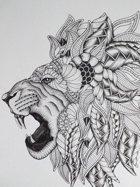 Zentangle Animals Art, Unique Mandala Art, Mandala Art Design, Animal Mandala, Lion Mandala, Zentangle Animals, Lion Head Tattoos, Lion Drawing, Zentangle Artwork