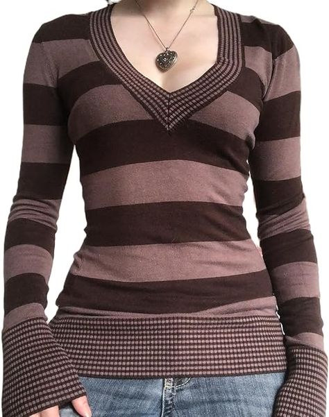 Graphic Tees for Women Teen Girls Aesthetic Grunge Gothic Clothes Y2k Shirt Knit Basic Long Sleeve Top Fall at Amazon Women’s Clothing store Grunge Knitwear, Neck Aesthetic, Cute Jumpers, Goth Outfit, Grunge Shirt, Women Y2k, Winter Vintage, Autumn T Shirts, Stripe Outfits