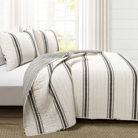 We know how much you love our Farmhouse Stripe Comforter Set, so we're now offering the same design in our new Farmhouse Stripe Reversible Cotton Quilt Set! Decorate your primary bedroom, guest bedroom, teen's bedroom or dorm room with this traditional farmhouse style reversible quilt set. The printing on this set will pair perfectly with your farmhouse shiplap beams. Our Farmhouse Stripe Reversible Cotton Quilt Set is reversible, giving you two stylish looks in one great set! The back of both t Farmhouse Shiplap, White Bed Set, Cotton Quilt Set, Teen Boy Room, Striped Quilt, Lush Decor, Farmhouse Bedding, Bedroom Guest, Inspire Me Home Decor