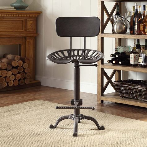 Joren Grey Cast Iron Tractor Seat Stool With Back (Industrial) Tractor Seat Bar Stools, Tractor Seat Stool, Stool With Back, Home Bar Areas, Tractor Seats, Iron Stools, Kitchen Solutions, Stools With Backs, Adjustable Bar Stools