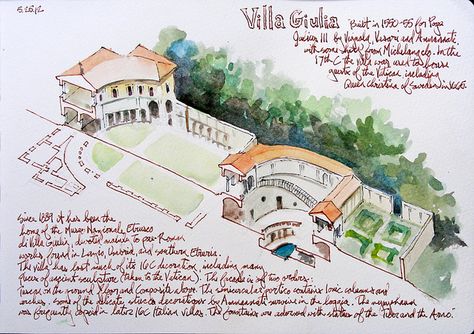 Villa Giulia - Roma, Italia by mtbrehm, via Flickr Rome Architecture Drawing, Italy Bullet Journal, Ancient Roman Villa Floor Plan, Villa Aurelia, Pat Perry, Villa Giulia, College Course, Travel Sketching, Spanish Steps