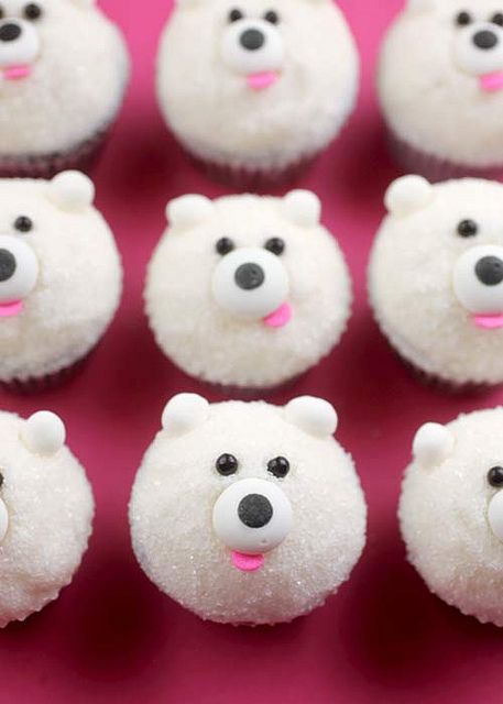 Mini Polar Bear Cupcakes Polar Bear Cupcakes, Polar Bear Cupcake, Deco Cupcake, Christmas Cupcakes Recipes, Bear Cupcakes, Cupcake Tutorial, Bear Cake, Creative Cupcakes, Gateaux Cake