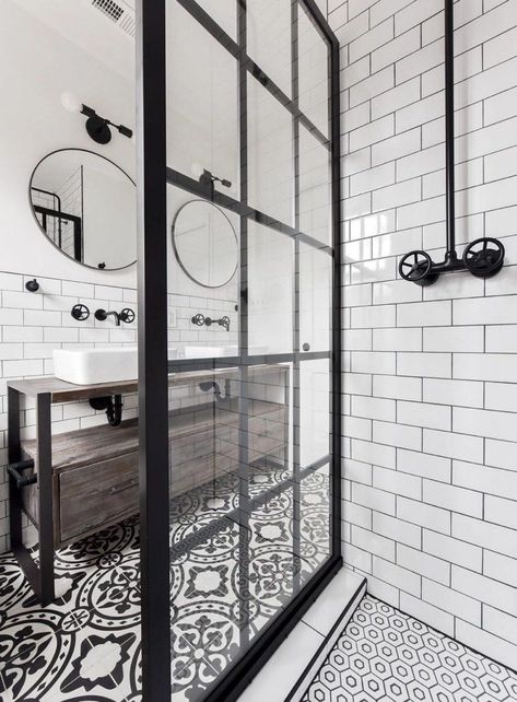 Shower Handles, Industrial Bathroom Decor, Shower Panel, Industrial Bathroom, Bad Inspiration, Black And White Tiles, Downstairs Bathroom, Shower Screen, Shower Door