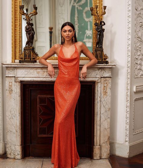 Orange Formal Dresses, Orange Gown, Stella Dress, Sequin Prom Dress, Cowl Neck Dress, Sequin Gown, Gala Dresses, Sequin Fabric, Long Sleeve Midi Dress