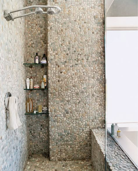 Shower Floor Ideas That Reveal The Best Materials For The Job River Rock Tile, Shower Makeover, Rock Tile, Pebble Floor, Pebble Tile, Stone Bathroom, Interior Vintage, Bad Inspiration, Stunning Bathrooms