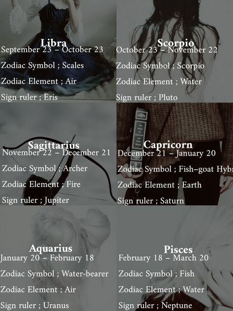 — zodiac signs · libra ; september 23 - october 23, zodiac symbol ; scales, zodiac element ; air, sign ruler ; eris , scorpio ; october 23 - november 22, zodiac symbol ; scorpio, zodiac element ; water, sign ruler ; pluto , sagittarius ; november 22 - december 21, zodiac symbol ; archer, zodiac element ; fire, sign ruler ; jupiter , capricorn ; december 21 - january 20, zodiac symbol ; fish-coat hybrid, zodiac element ; earth, sign ruler ; saturn , aquarius ; january 20 - february 18, zodiac Zodiac Chart Dates, September 23 Zodiac Sign, October 23 Zodiac Sign, January 20 Zodiac Sign, Jupiter Capricorn, Pluto Sagittarius, November Zodiac, Fire Zodiac, October Libra