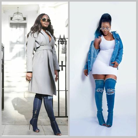 Knee thigh high demin boots have been trending for a while now maybe thanks to the Kardashian. But anyways, singer Desire Luzinda vs youtube blogger Breeny Lee; whose effortlessly pulled off the de… Denim Thigh High Boots Outfit, Breeny Lee, Denim Boots Outfit, How To Wear Thigh High Boots, Jean Boots, Jeans Boots Outfit, Thigh High Boots Outfit, High Boots Outfit, Denim Boots