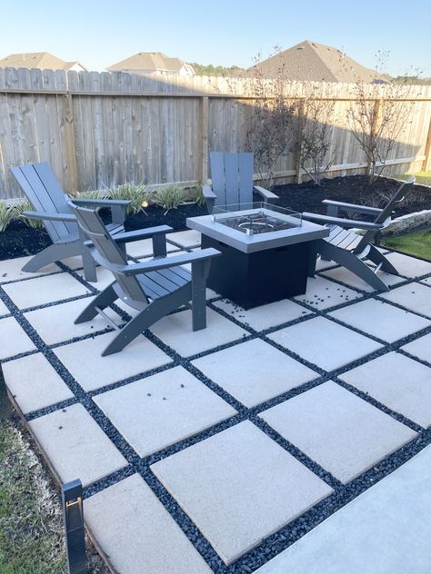 Crushed Gravel Patio Backyard Ideas, Stone And Pavers Backyard Ideas, Backyard Fire Pit Lounge Areas, Rock And Paver Landscape, Corner Of Yard Ideas, Stone And Paver Patio, Cement Squares In Backyard, Small Yard Paver Ideas, Pavers And Pea Gravel Patio