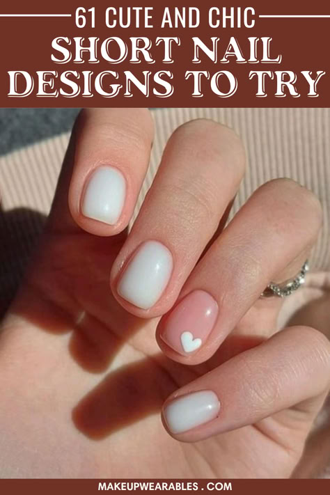 Short Cute Nail Designs Short Gel Nails Accent Nail, Nail Ideas Accent Finger, Cute Nails For Really Short Nails, White Nail Designs For Short Nails, Pink Nail With White Heart, Simple Nail Designs To Do Yourself, Fun Nails Short Gel, Short Nail Manicure Ideas Simple, Gel Nail Designs Simple Short