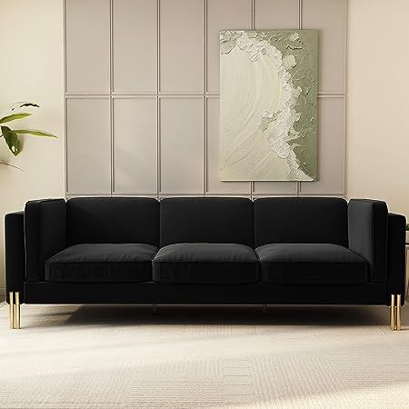 yunqishi YOUYA 94.88" W Modern Black Velvet Sofa Couch with Metal Gold Legs, 3-Seater Upholstered Black Sofa for Living Room, Bedroom, Office (Black) Modern Black Sofa, Black Velvet Couch, Black Modern Sofa, Black Velvet Sofa, Modern Velvet Sofa, Black Couches, Sofa For Living Room, Bedroom Couch, Velvet Couch