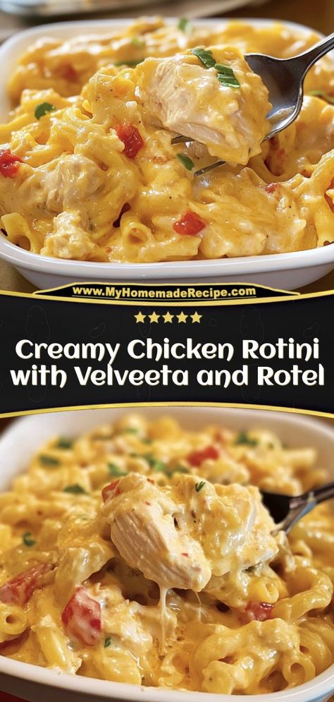 This Creamy Chicken Rotini is cheesy, spicy, and loaded with tender chicken and Rotel tomatoes. Ingredients: 2 cups cooked rotini pasta 1 cup Velveeta, cubed 1/2 cup Rotel tomatoes 1 cup cooked chicken, shredded A creamy, comforting pasta dish with a spicy kick! Recipes Using Rotel, Pasta With Rotel, Chicken And Rotel, Chicken Rotel Recipes, Velveeta And Rotel, Chicken Rotini, Rotini Pasta Recipes, Quick And Easy Pasta Recipes, Comfort Pasta Dishes