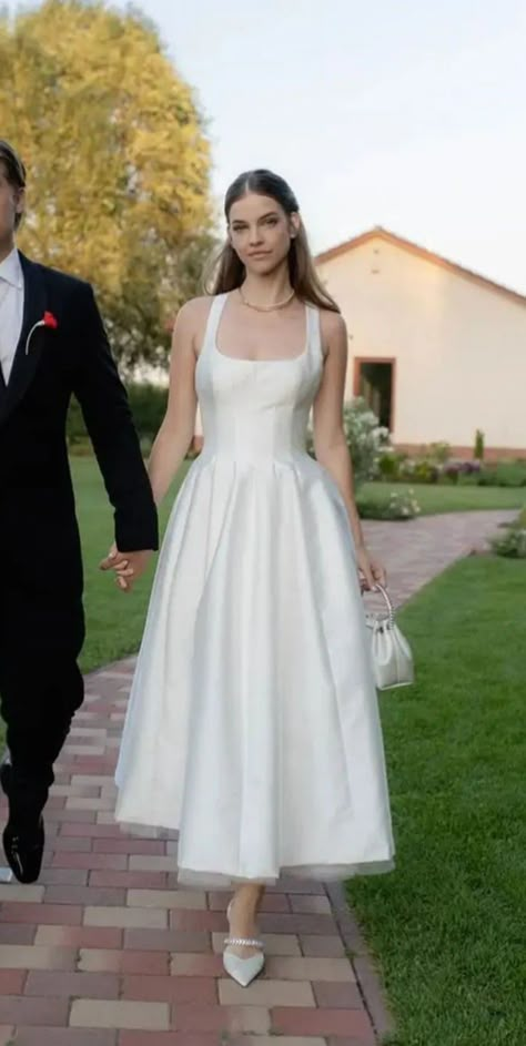 wedding dress • 2023 Barbara Palvin Wedding Dress 2023, Barbara Palvin Wedding Dress, Simple Wedding Dress Courthouse, Simple Midi Wedding Dress, Barbara Palvin Wedding, Wedding Dress Midi Length, Mid Length Wedding Dress, Anthropologie Wedding Dress, Cotillion Dresses