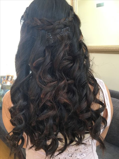 Crown Braid With Curls, Brades Hair, Braid And Curls, French Curls Braids, Braid With Curls, Prom Things, Curled Hairstyles For Medium Hair, Braid Crown, French Curls